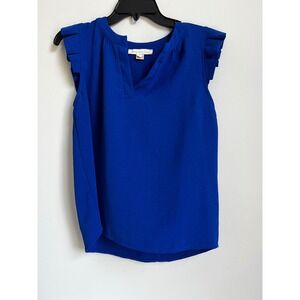 Monteau Los Angeles Blue Sleeveless Ruffle Blouse V Neck Top‎ Sz M